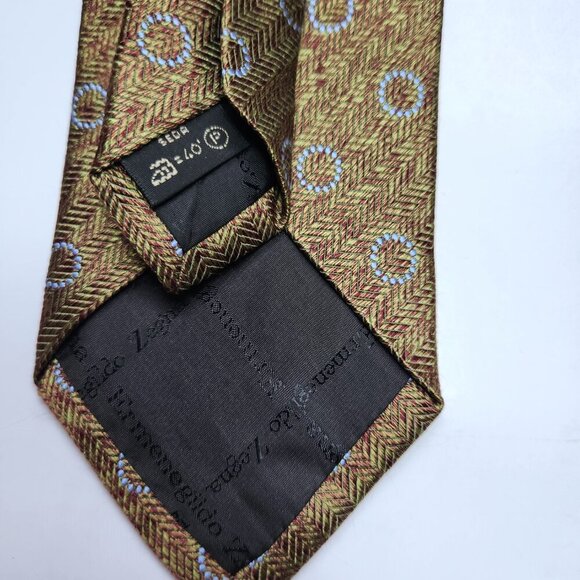 Ermenegildo Zegna Mens Neck Tie Silk Italy Gold/Brown Chevron Stripes Circles - Picture 5 of 6